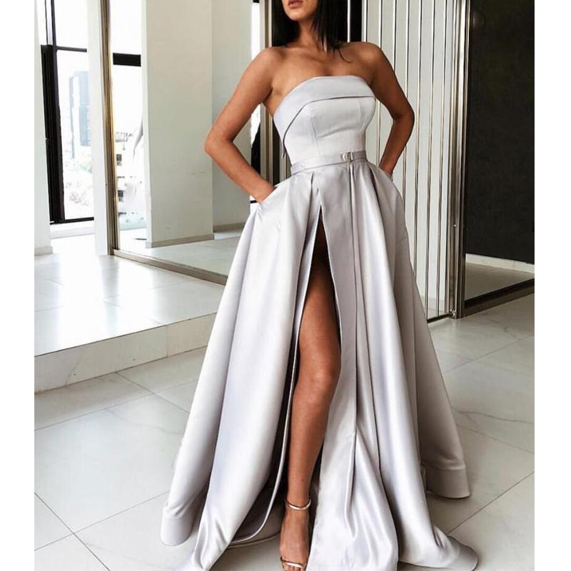 Elegant Strapless Slit Prom Dress Formal Dresses With Pocket