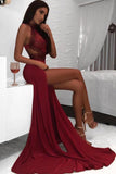 Sexy Burgundy Backless Halter Lace Spandex Sheath Slit Evening Prom Dresses Formal Dress