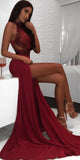 Sexy Burgundy Backless Halter Lace Spandex Sheath Slit Evening Prom Dresses Formal Dress