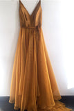 V Neck Spaghetti Straps Gold Evening Prom Dresses Formal Dress