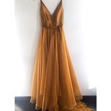 V Neck Spaghetti Straps Gold Evening Prom Dresses Formal Dress