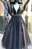 Charming Deep V Neck Black Lace Long Wedding Prom Dresses Formal Dress Gowns