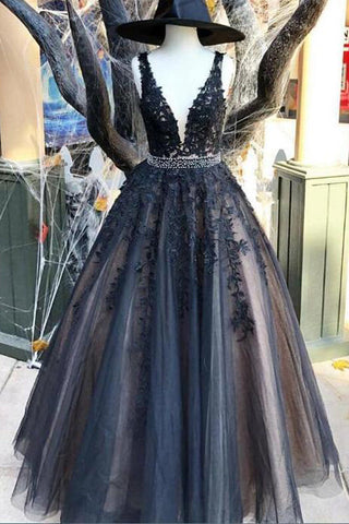 Charming Deep V Neck Black Lace Long Wedding Prom Dresses Formal Dress Gowns