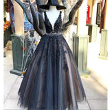 Charming Deep V Neck Black Lace Long Wedding Prom Dresses Formal Dress Gowns