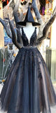 Charming Deep V Neck Black Lace Long Wedding Prom Dresses Formal Dress Gowns