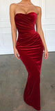 Elegant Strapless Mermaid Burgundy Velvet Long Prom Dress Formal Dresses