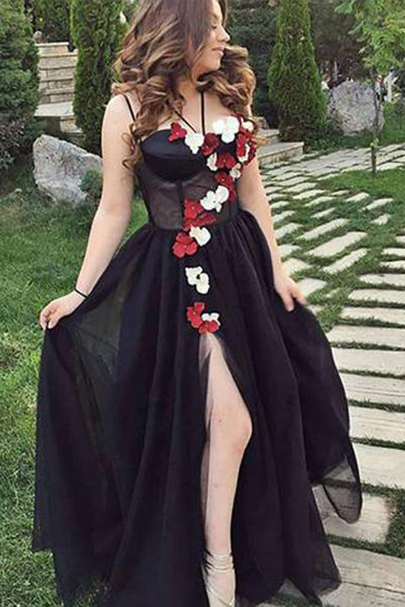 Spaghetti Straps Black Slit Hand Flowers Wedding Prom Dress Formal Dresses