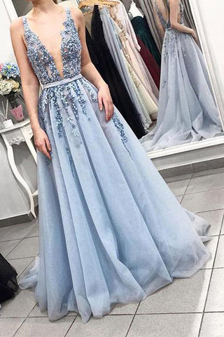 A Line Deep V Neck Beaded Open Back Light Blue Long Wedding Prom Dress Formal Dresses