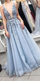 A Line Deep V Neck Beaded Open Back Light Blue Long Wedding Prom Dress Formal Dresses