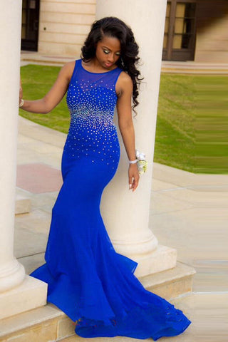 Royal Mermaid Blue Beads Backless Evening Dresses Party Gowns Prom Dress