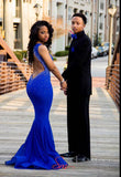 Royal Mermaid Blue Beads Backless Evening Dresses Party Gowns Prom Dress