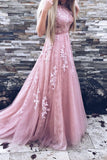 Fashion A Line Blush Pink High Neck Lace Sleeveless Prom Dresses Evening Formal Dress Gowns