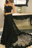 Empire Waist Strapless Black Lace Sheath Long Evening Prom Dresses Formal Dress Gowns