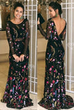 Chic Black Long Sleeves Lace Open Back Sheath Prom Dresses Evening Formal Dress Gowns