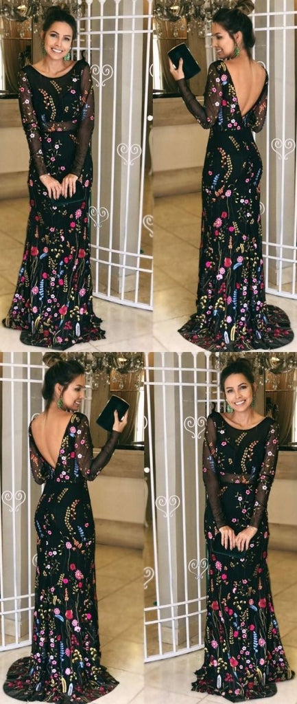 Chic Black Long Sleeves Lace Open Back Sheath Prom Dresses Evening Formal Dress Gowns