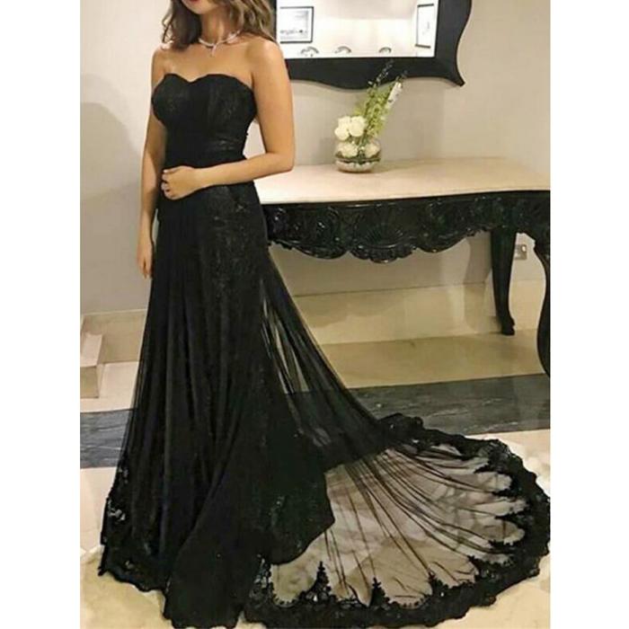 Empire Waist Strapless Black Lace Sheath Long Evening Prom Dresses Formal Dress Gowns