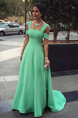 Simple Mint Satin A Line Princess Long Cheap Prom Dresses Evening Formal Dress Gowns