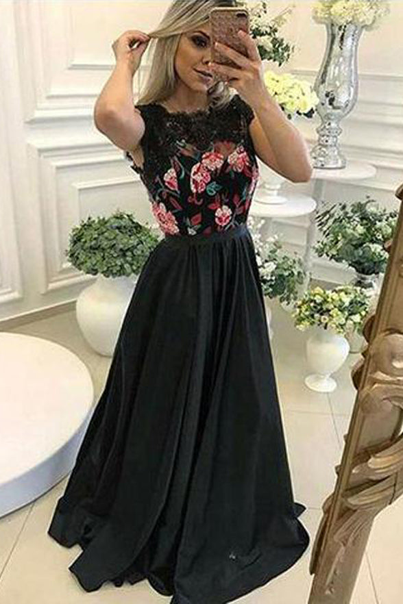 Chic Cap Sleeves Embroidery Black Long Wedding Prom Dress Formal Dresses Gowns