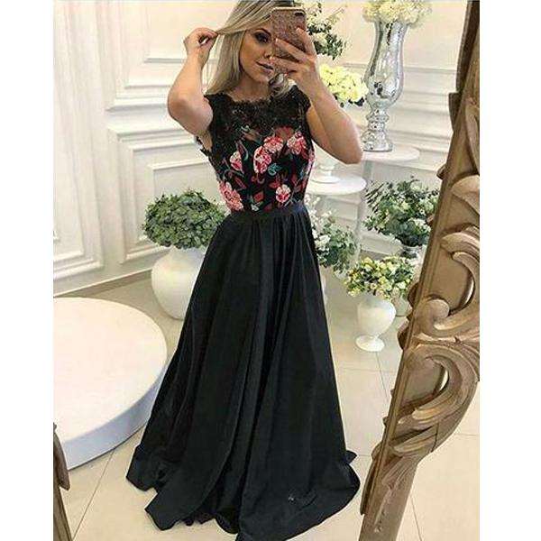 Chic Cap Sleeves Embroidery Black Long Wedding Prom Dress Formal Dresses Gowns