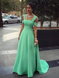 Simple Mint Satin A Line Princess Long Cheap Prom Dresses Evening Formal Dress Gowns