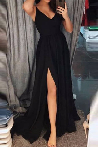 Elegant A Line V Neck Spaghetti Straps Black Cheap Split Prom Dresses Evening Formal Dress