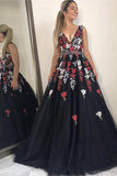 Lace Appliques A Line V Neck Black Long Wedding Prom Dresses Formal Dress Gowns