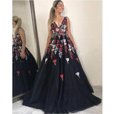 Lace Appliques A Line V Neck Black Long Wedding Prom Dresses Formal Dress Gowns