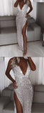 Sexy Spaghetti Straps Deep V Neck Sequin Split Prom Dresses Evening Formal Dress For Party