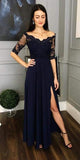 Navy Blue Lace Chiffon Half Sleeves Split Prom Dresses Evening Formal Mother of Bridal Dress