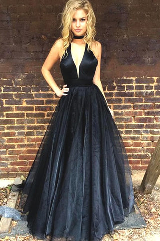 Elegant A Line Deep V Neck Halter Black Prom Dresses Evening Dress