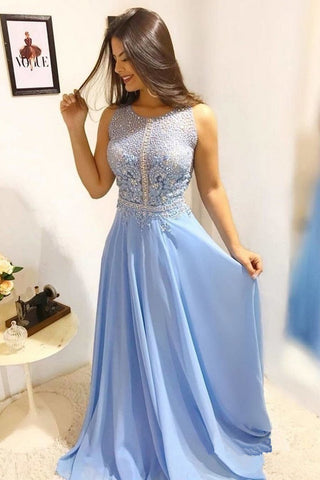 A Line Light Blue Chiffon Long Wedding Prom Dresses Evening Dress