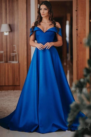 New Design Royal Blue Satin Off the Shoulder Beaded Long Formal Prom Dresses Evening Dress