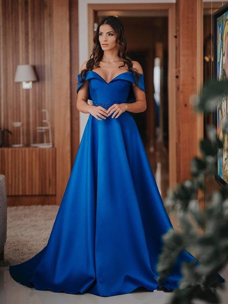 New Design Royal Blue Satin Off the Shoulder Beaded Long Formal Prom Dresses Evening Dress