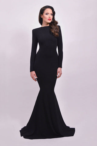 Elegant Long Sleeves Mermaid Black Backless Party Dresses Prom Dress