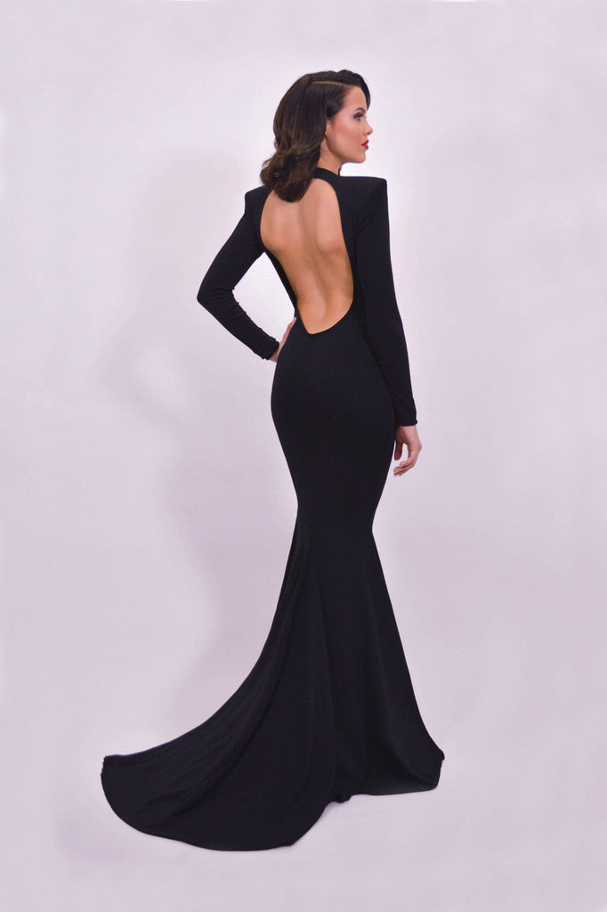 Elegant Long Sleeves Mermaid Black Backless Party Dresses Prom Dress