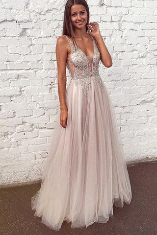 Sexy Deep V Neck See Through Beaded Ivory Long Wedding Formal Prom Dresses Evening Dress