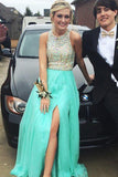 Fashion Beaded Bodice Front Slit Mint Long Wedding Formal Prom Dresses Evening Dress