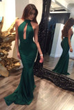Sexy Halter Emerald Green Open Back Mermaid Long Fancy Prom Dresses Formal Evening Dress