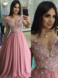Chic Cap Sleeves V Neck Blush Pink Lace Pearls Long Formal Prom Dresses Evening Dress