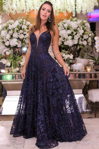 New Deep V Neck Spaghetti Straps Navy Blue Lace Long Formal Prom Dresses Evening Dress