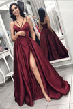 New Burgundy Spaghetti Straps Slit Long Formal Prom Dresses Evening Dress With Pocket