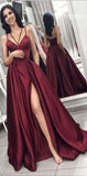 New Burgundy Spaghetti Straps Slit Long Formal Prom Dresses Evening Dress With Pocket