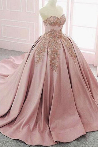 Ball Gown Satin Strapless Blush Pink Lace Formal Prom Dresses Evening Quinceanera Dress