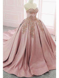 Ball Gown Satin Strapless Blush Pink Lace Formal Prom Dresses Evening Quinceanera Dress