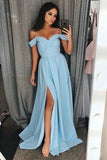 Sky Blue Off the Shoulder Spaghetti Straps Long Formal Prom Dresses Evening Dress