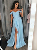 Sky Blue Off the Shoulder Spaghetti Straps Long Formal Prom Dresses Evening Dress