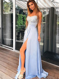 Fashion Strapless Spaghetti Straps Sky Blue Slit Long Formal Prom Dresses Evening Dress