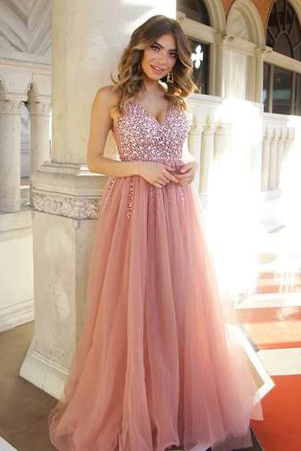 Chic A Line V Neck Blush Pink See Through Beaded Long Formal Prom Dresses Evening Dress