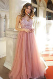 Chic A Line V Neck Blush Pink See Through Beaded Long Formal Prom Dresses Evening Dress