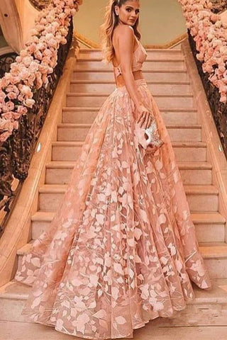 Two Piece Open Back Blush Pink Lace Long Fancy Prom Dresses Formal Grad Wedding Dress